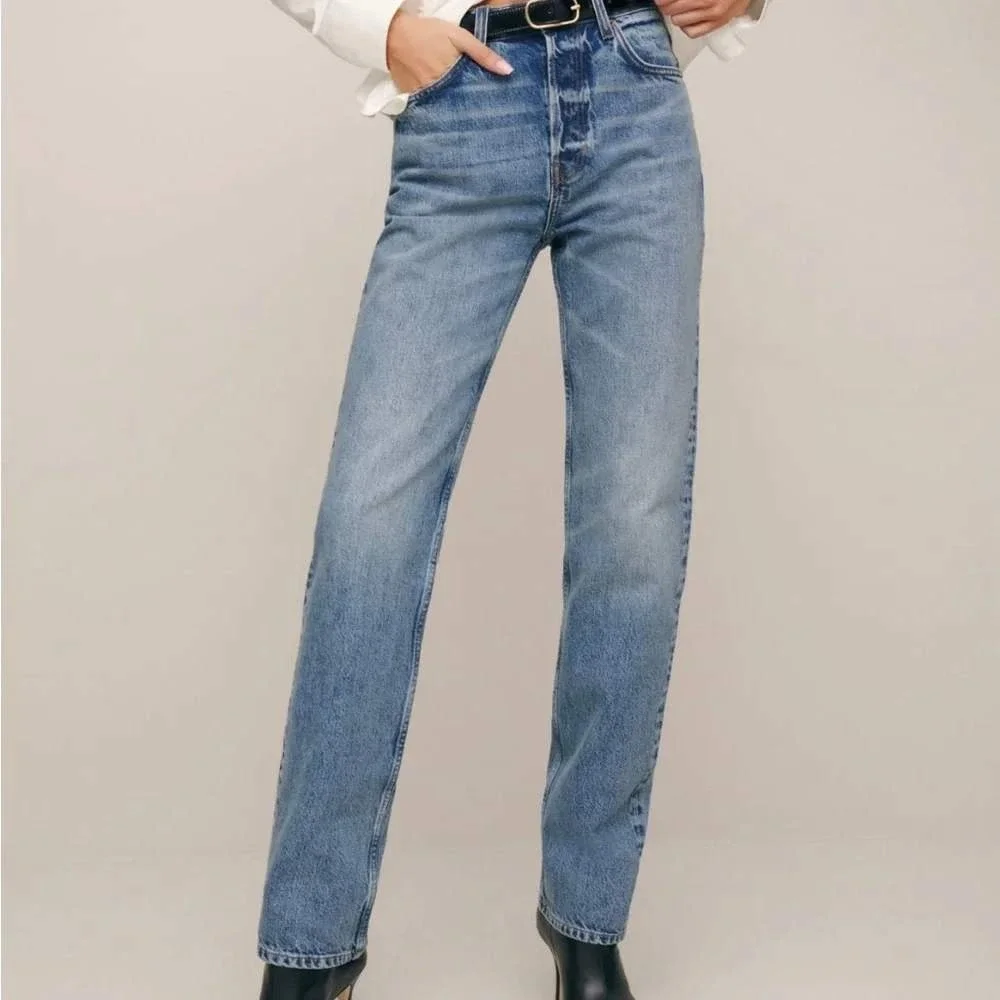 Reformation Camille Rowe Mid Rise Relaxed Straight Jeans Blue 26 Medium Wash